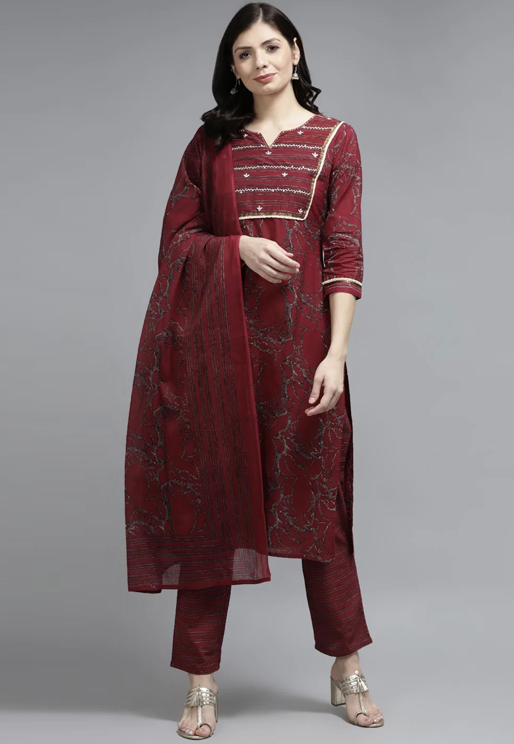 Wine Cotton Readymade Pant Style Suit 251944