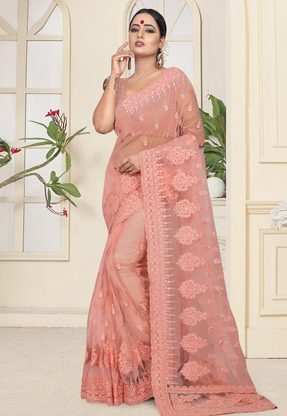 Pink Net Saree With Blouse 184375