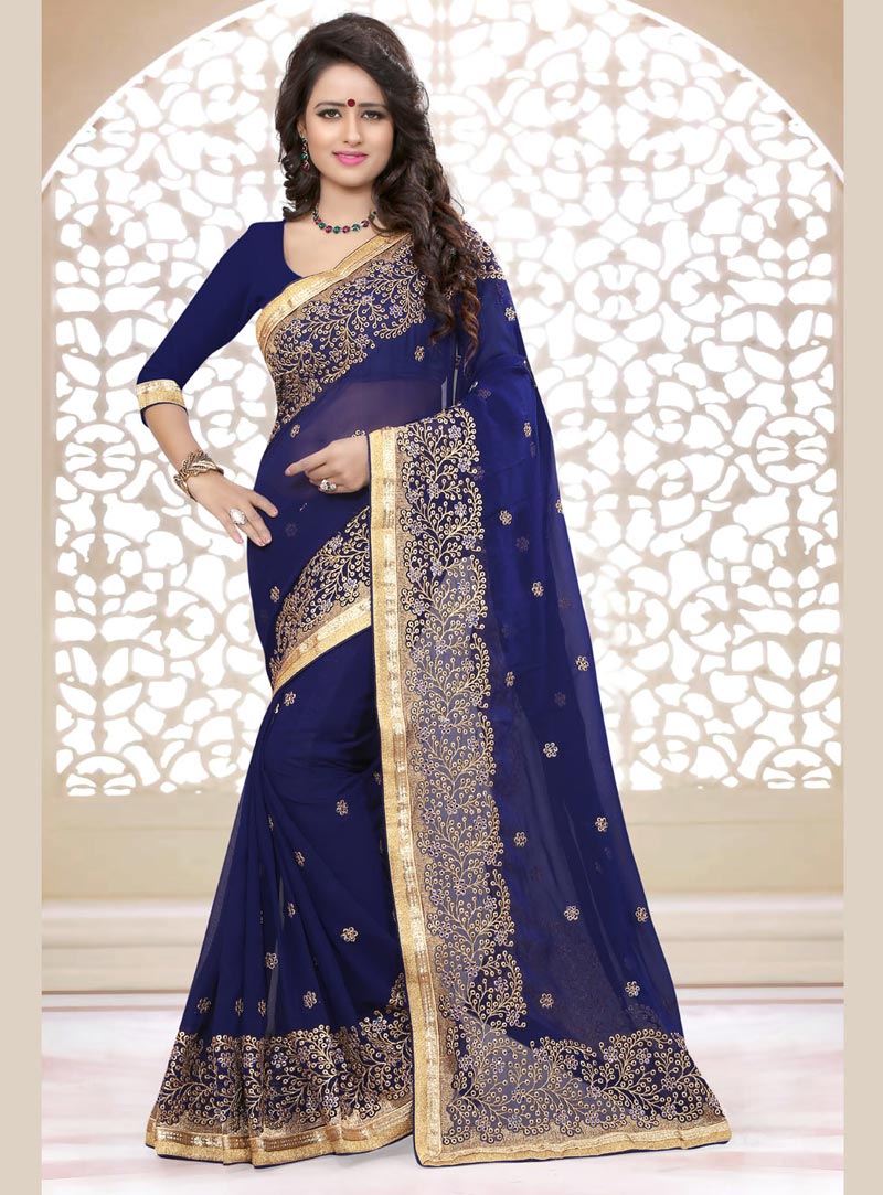 Navy Blue Georgette Saree With Blouse 75233