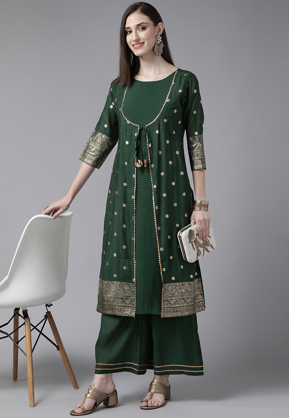 Ziyaa Women's Green Chanderi Panelled Kurta Palazzo And Dupatta Set-  ZISKDCH3929 at Rs 935/piece | Fancy Palazzo Suits in Surat | ID:  2852296888055