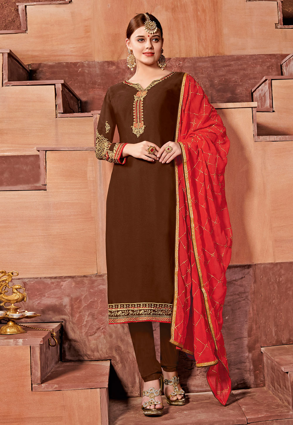 Brown Satin Pakistani Style Suit 154135