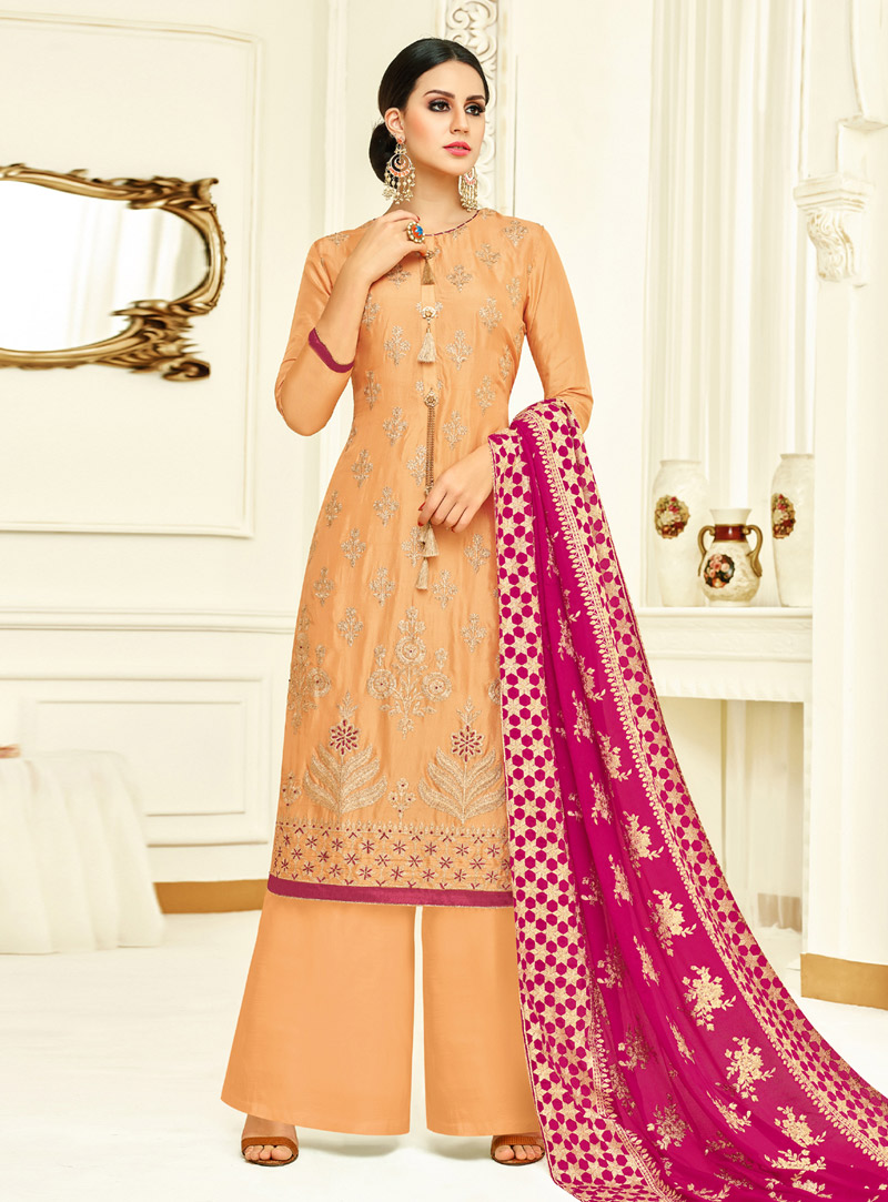 Orange Silk Pakistani Style Suit 143989