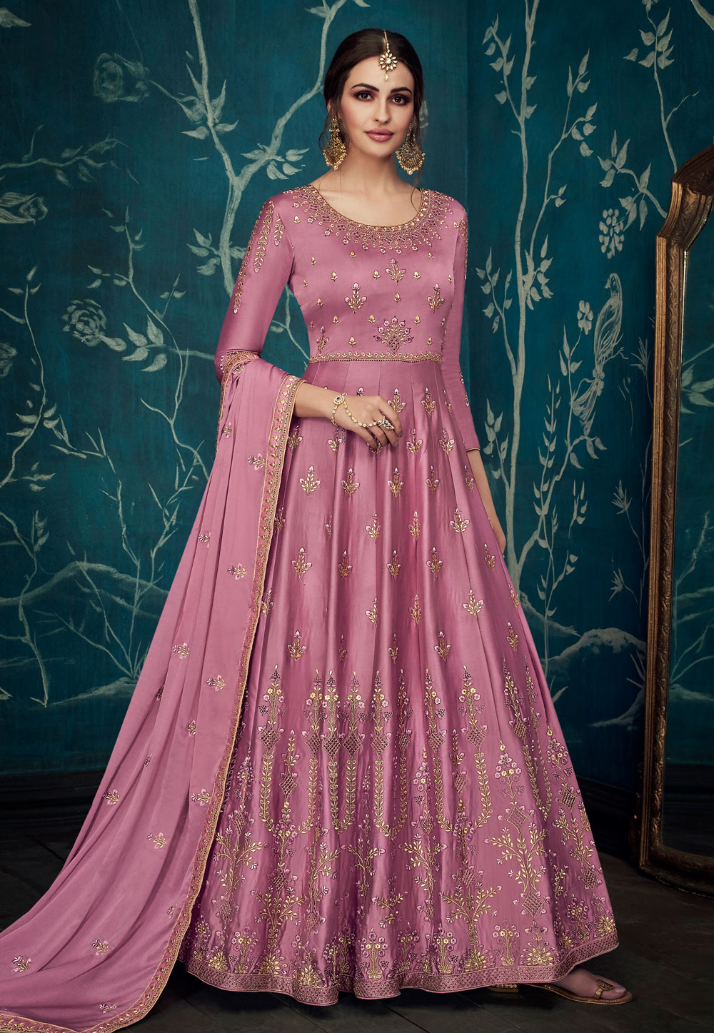 Pink Satin Long Anarkali Suit 186631