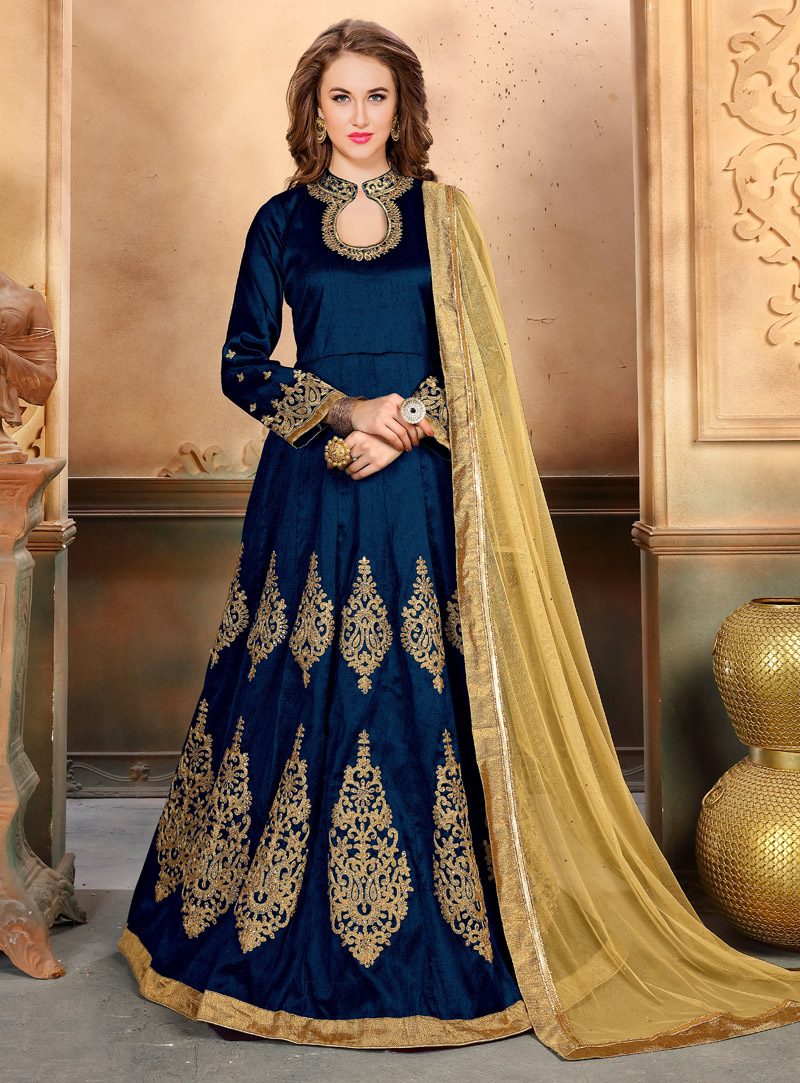 Blue Silk Long Anarkali Suit 127185