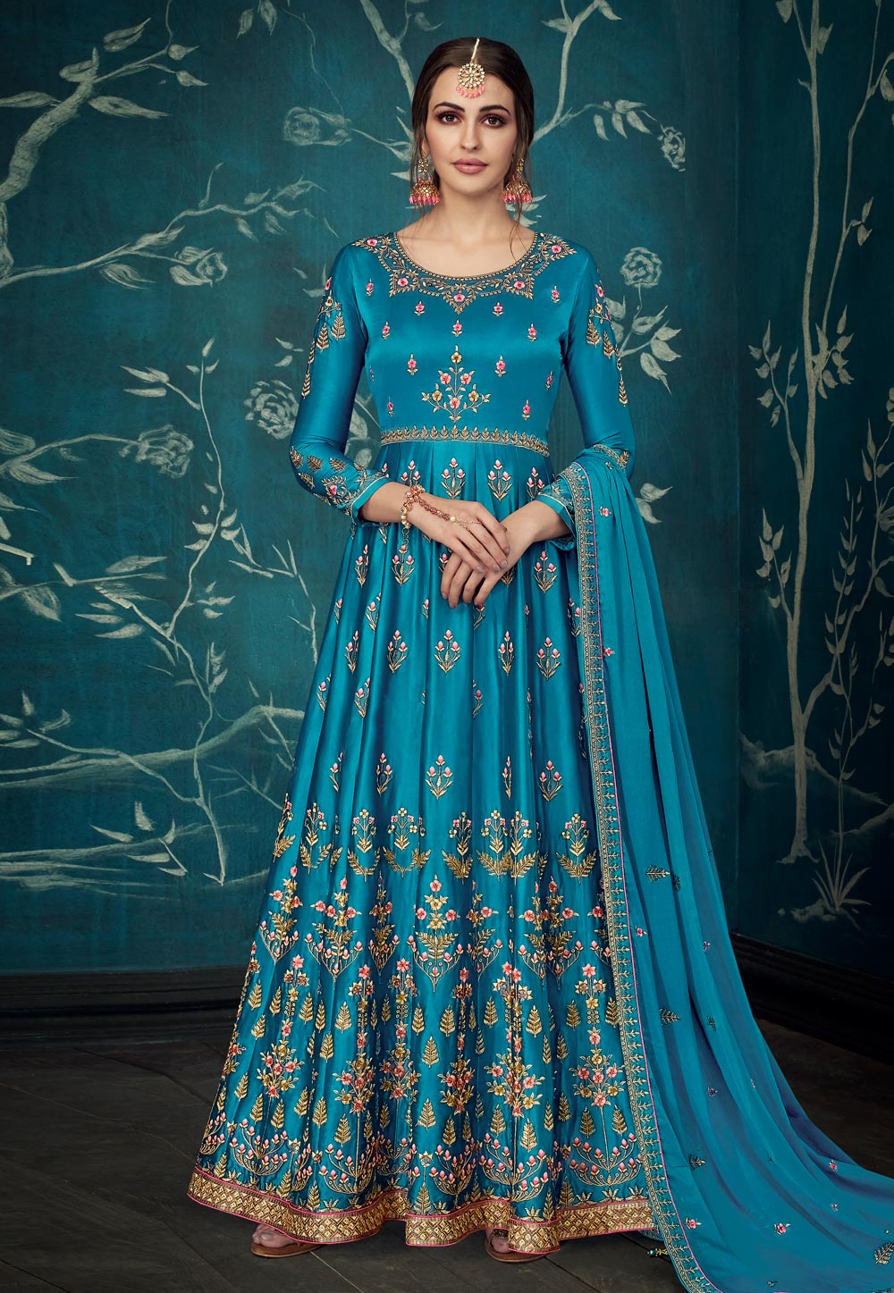 Sky Blue Satin Anarkali Suit 186634