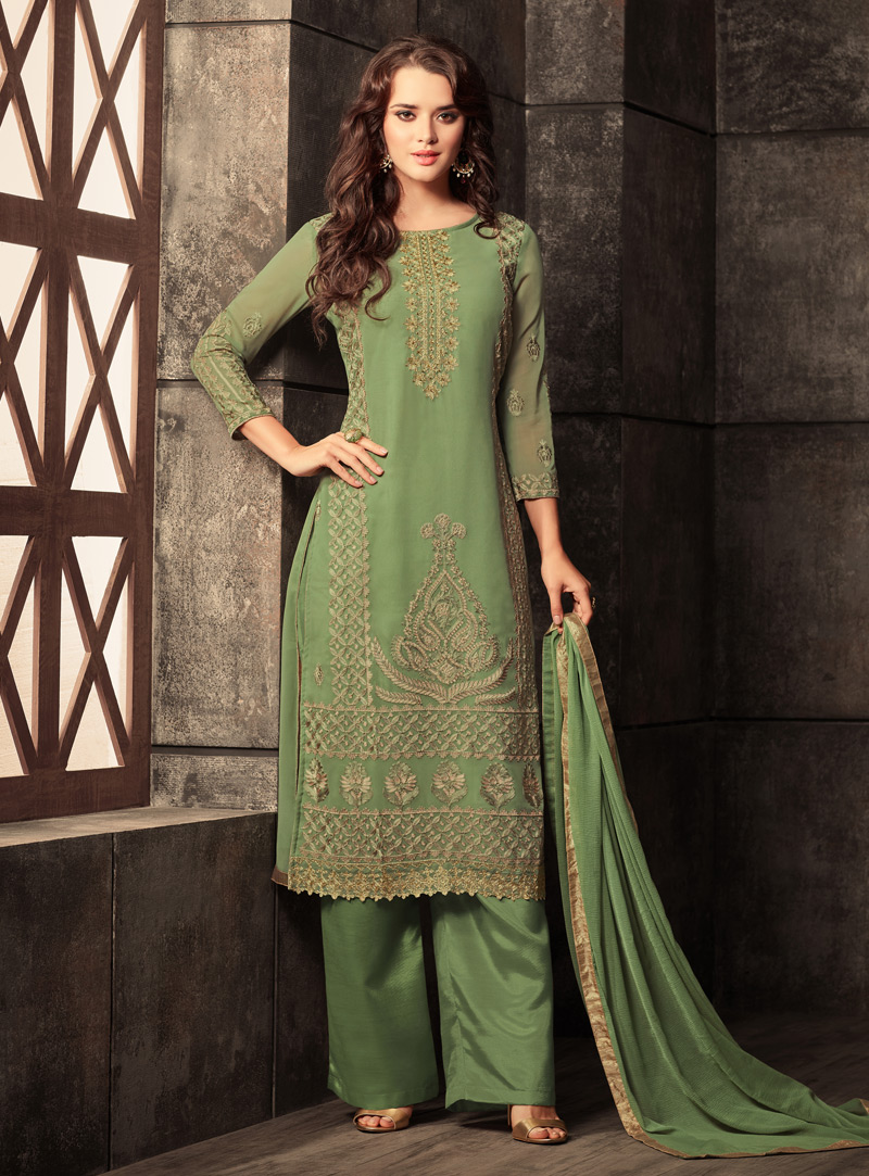 Green Georgette Pant Style Suit 127730