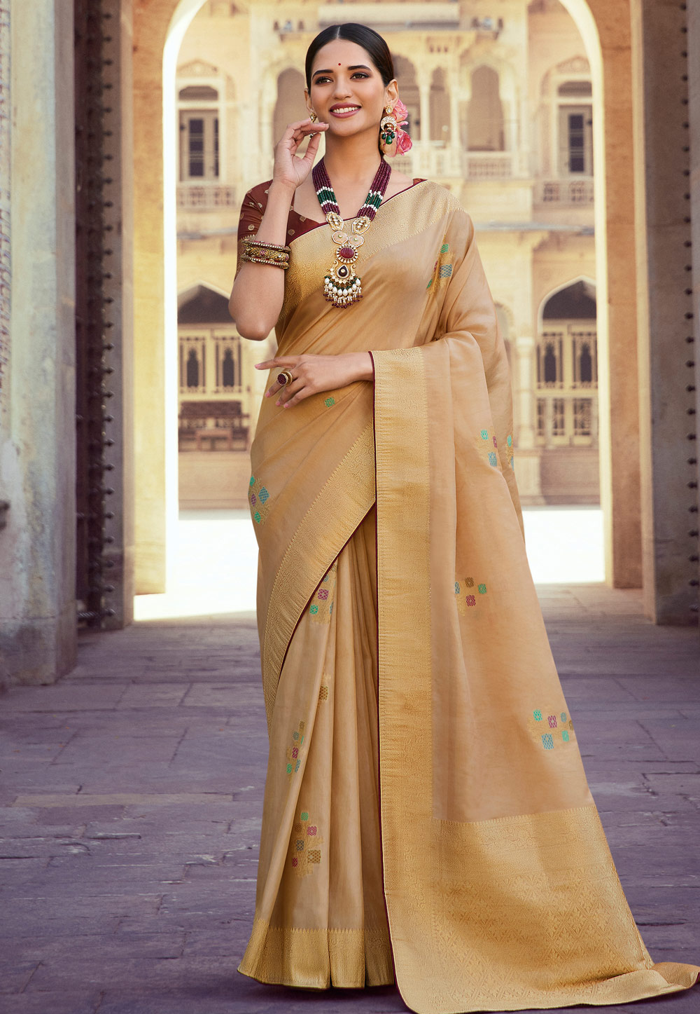 Beige Tissue Silk Saree With Blouse 263318