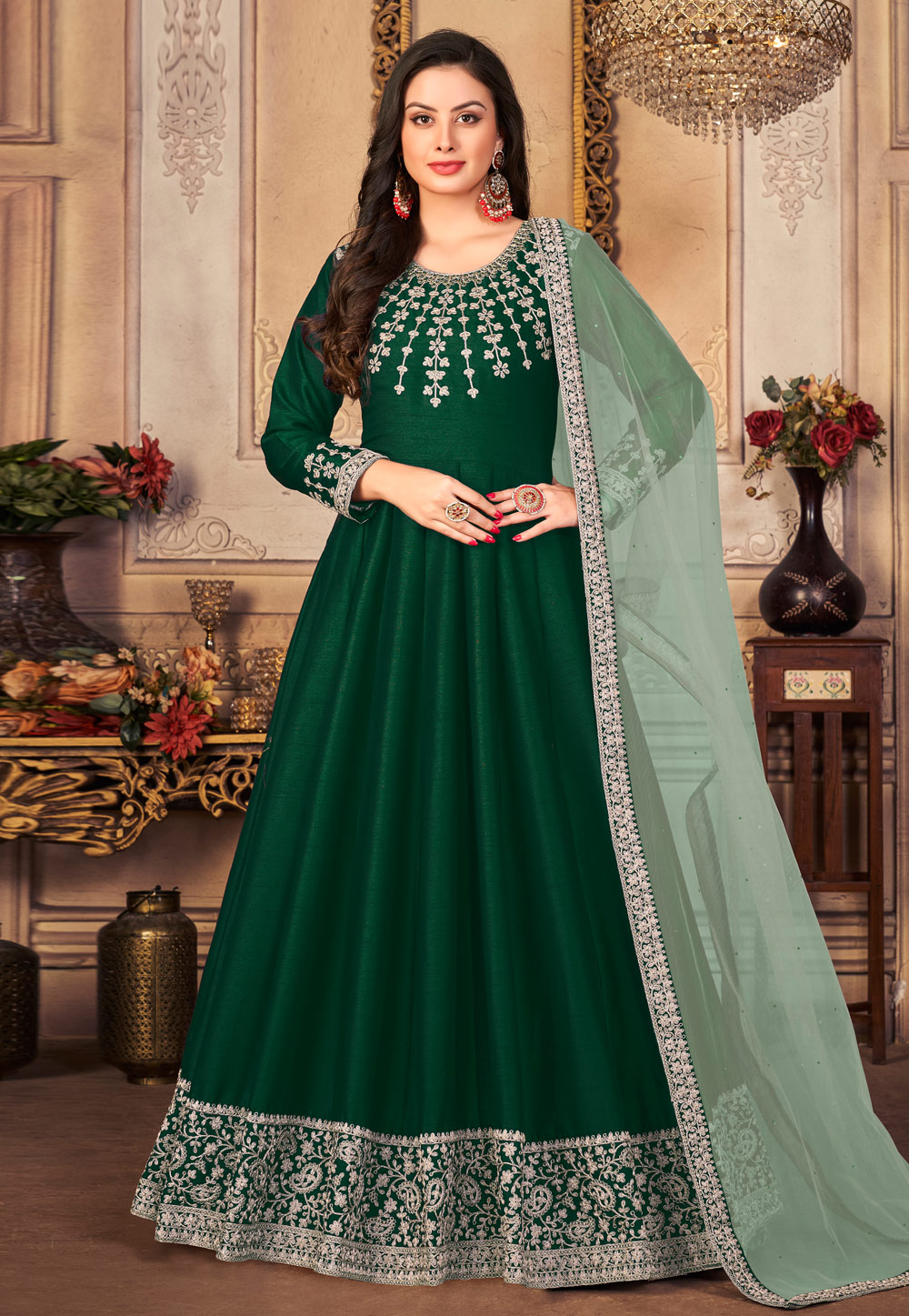 Green Art Silk Long Anarkali Suit 250130