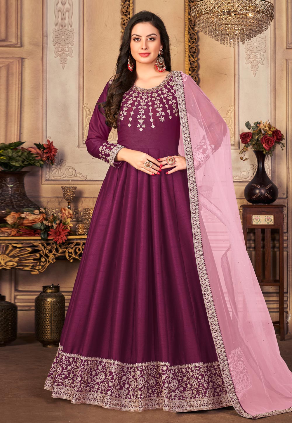 Purple Art Silk Abaya Style Anarkali Suit 250131