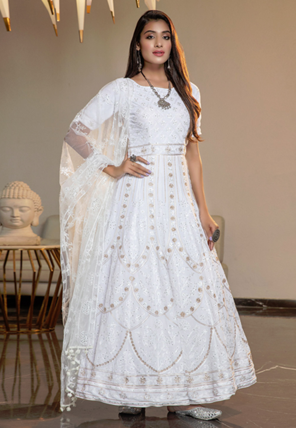 White Georgette Embroidered Abaya Style Anarkali Suit 209531