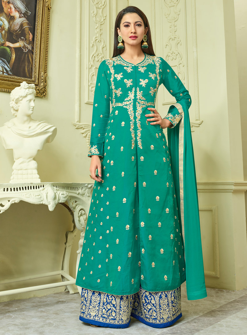 Gauhar Khan Sea Green Banglori Silk Palazzo Style Suit 121408