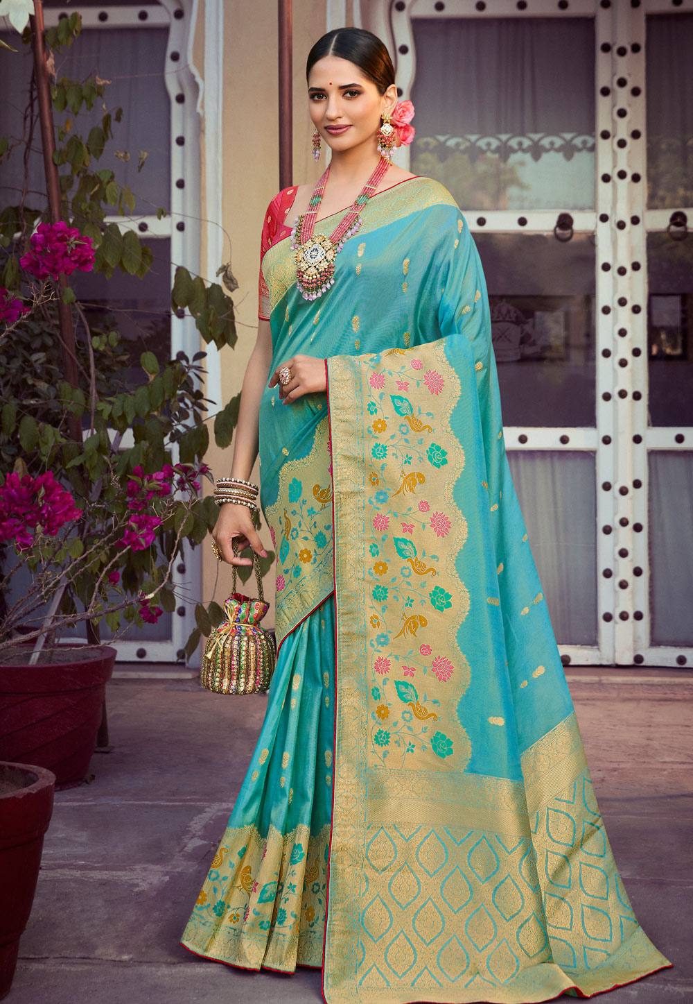 Sky Blue Tissue Silk Saree With Blouse 263320