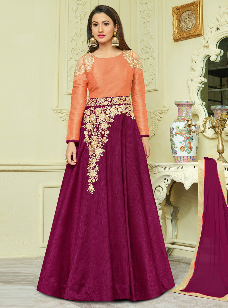 Gauhar Khan Magenta Banglori Silk Floor Length Anarkali Suit 121409