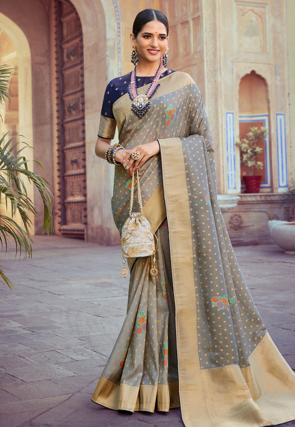 Grey Tissue Silk Saree With Blouse 263321