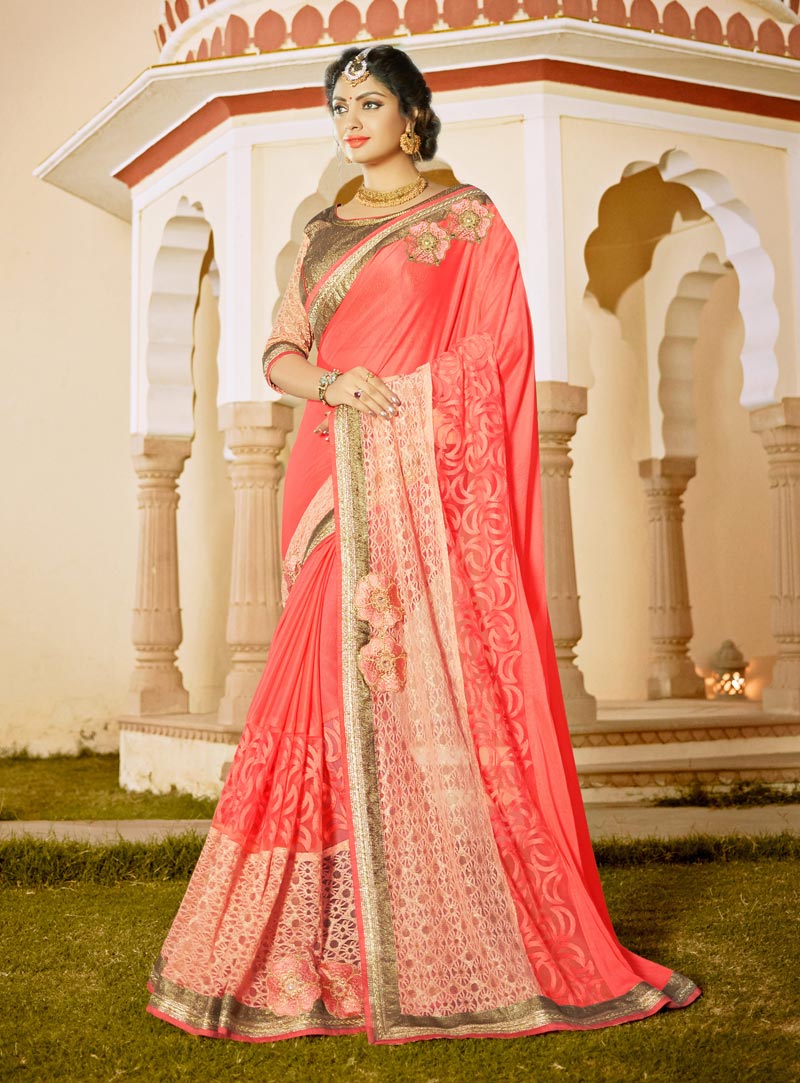 Salmon Georgette Saree With Blouse 88509