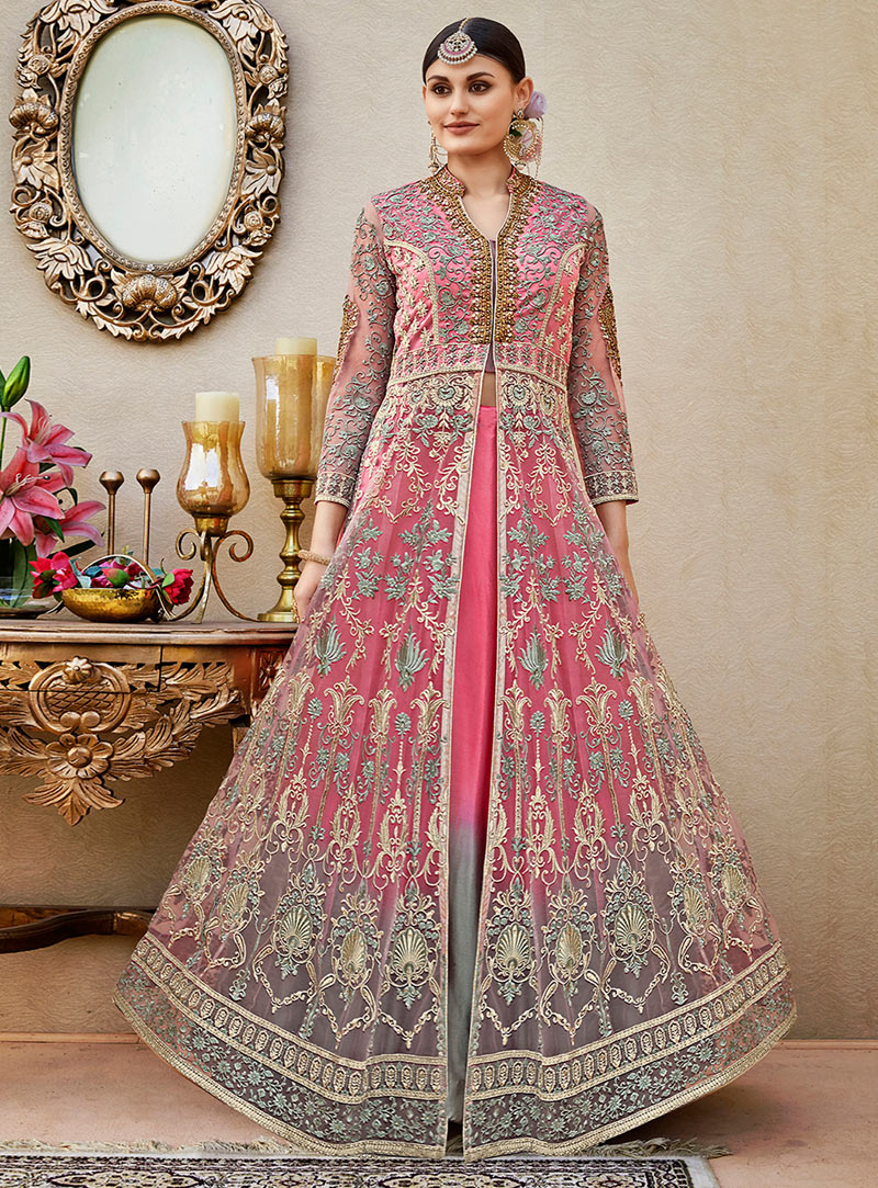 Pink Net Floor Length Anarkali Suit 130545