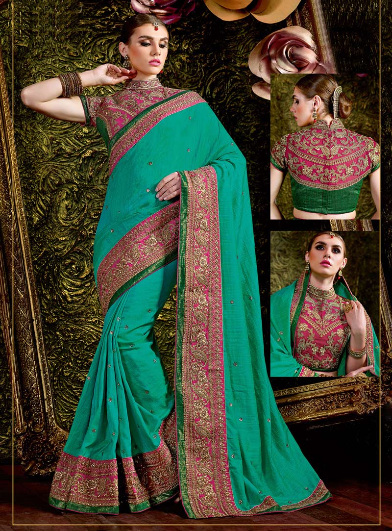 Turquoise Silk Saree With Heavy Blouse 86728