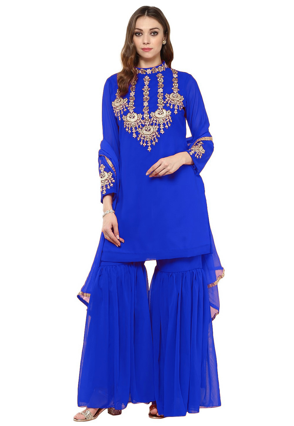 Blue Georgette Readymade Sharara Suit 241118