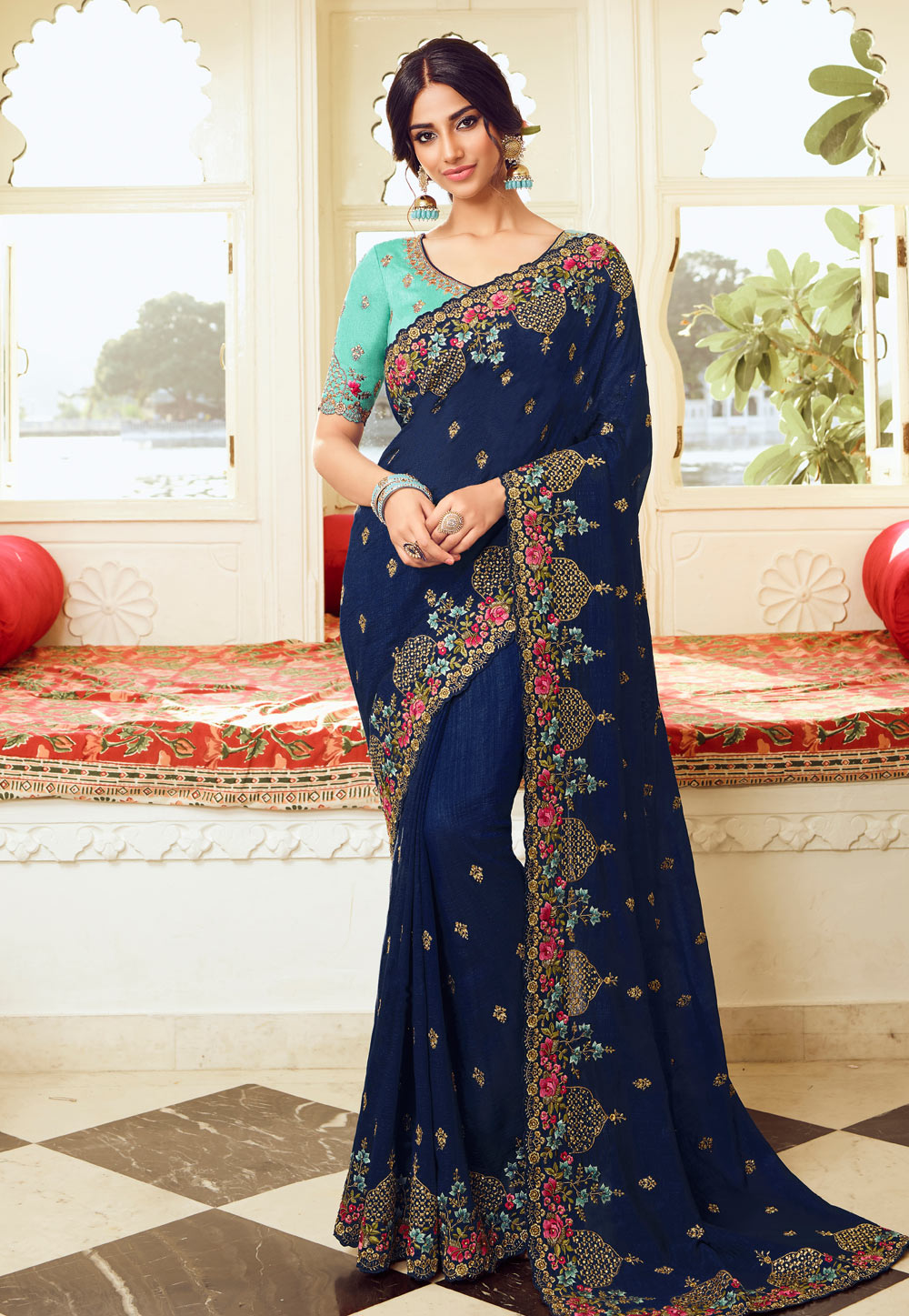 Navy Blue Silk Embroidered Party Wear Saree 212315