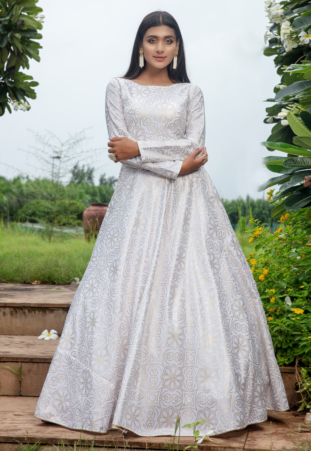 White Cotton Party Wear Gown 210325
