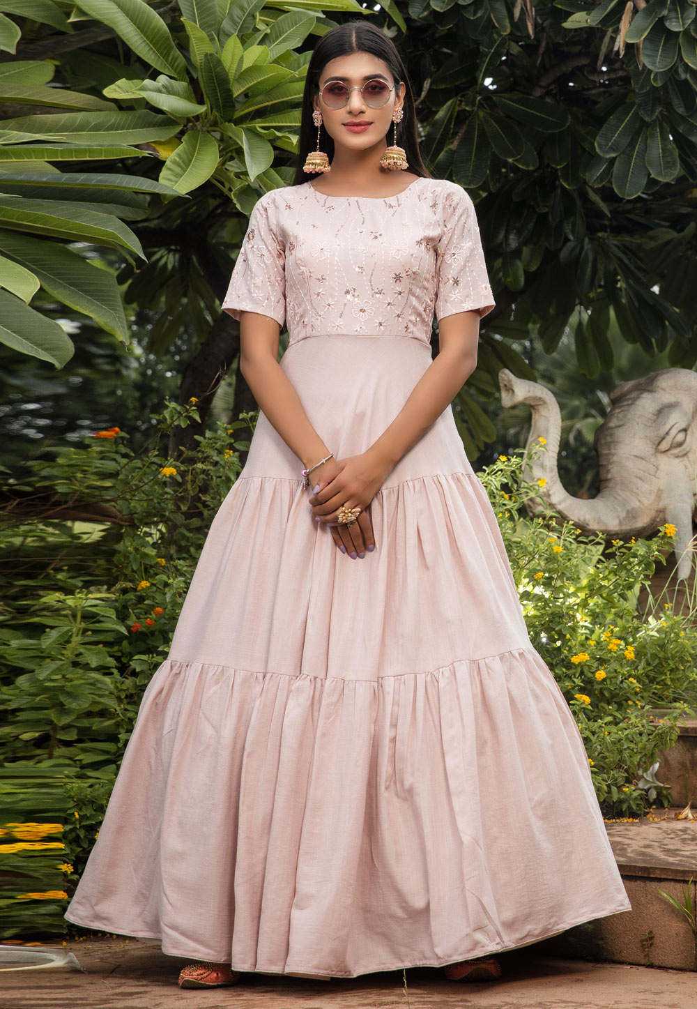 Light Pink Cotton Party Wear Gown 210327