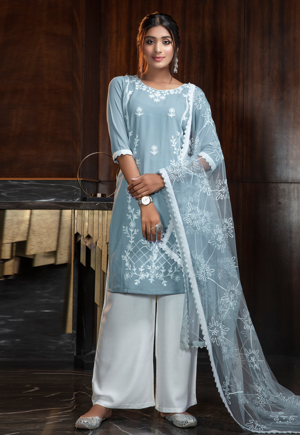 Grey Georgette Palazzo Suit 209553