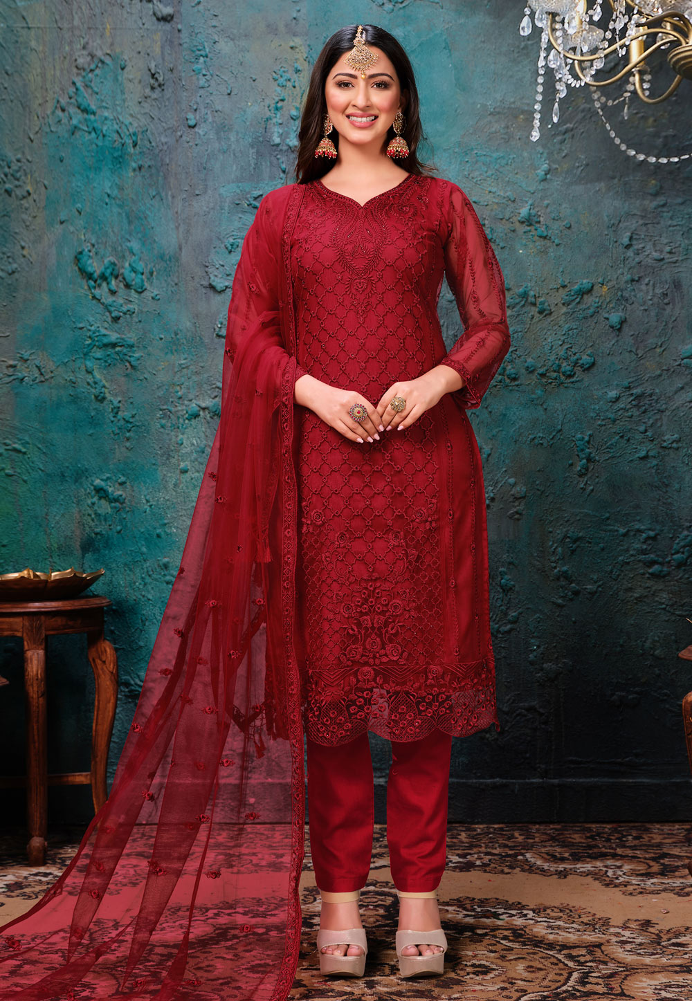 Red Net Embroidered Pant Style Suit 216890