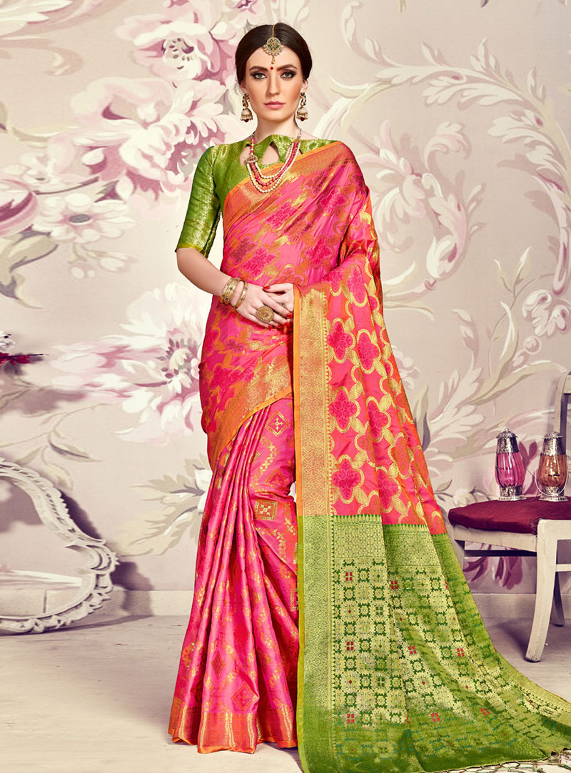 Pink Banarasi Silk Saree With Blouse 144376