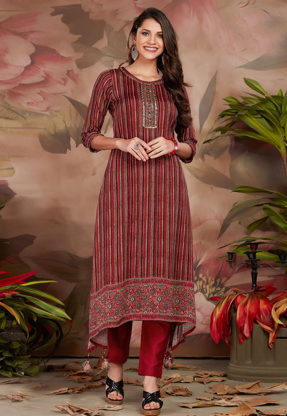 Rust Chinon Chiffon Long Kurti 255296
