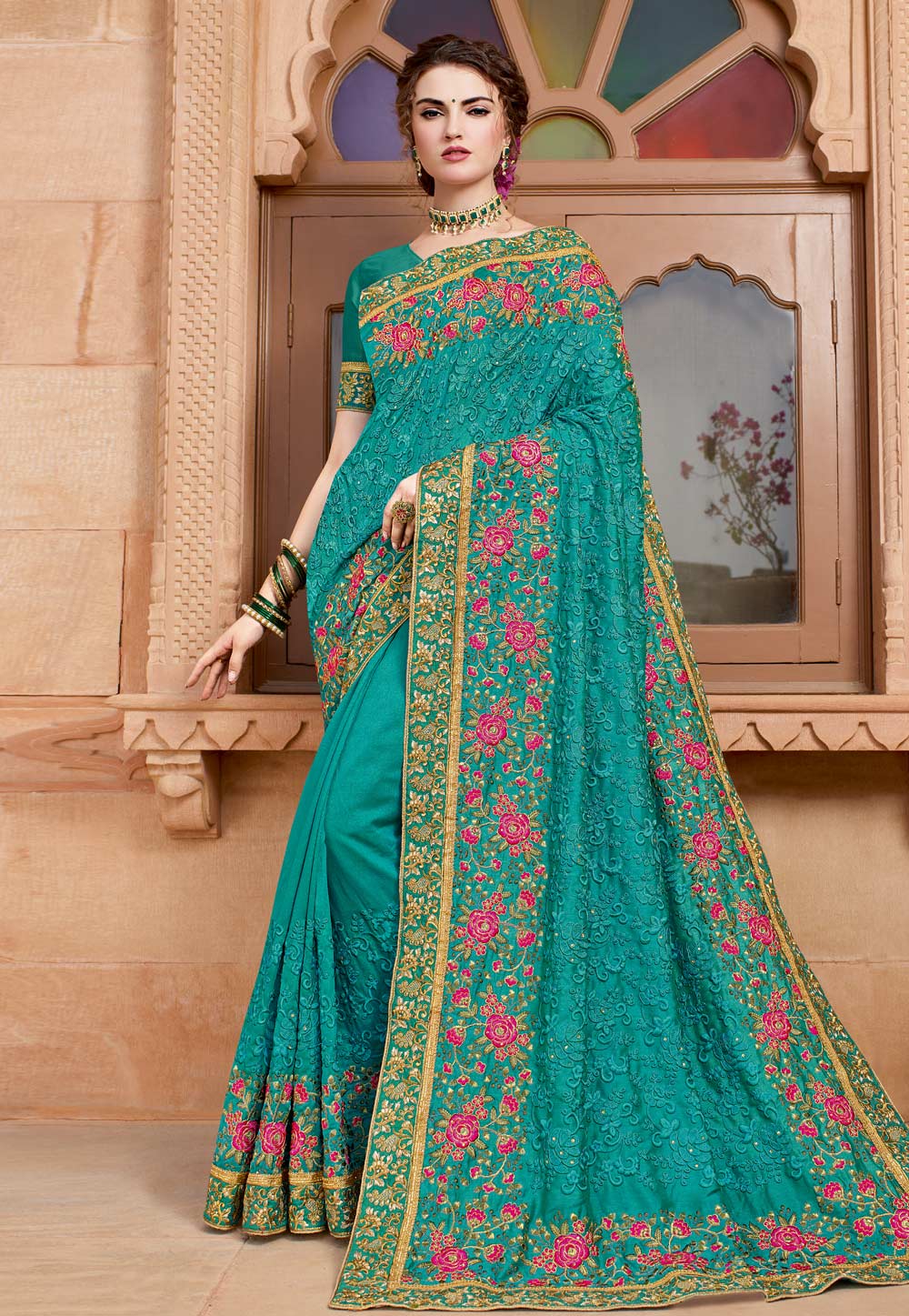 Turquoise Georgette Saree With Blouse 222538