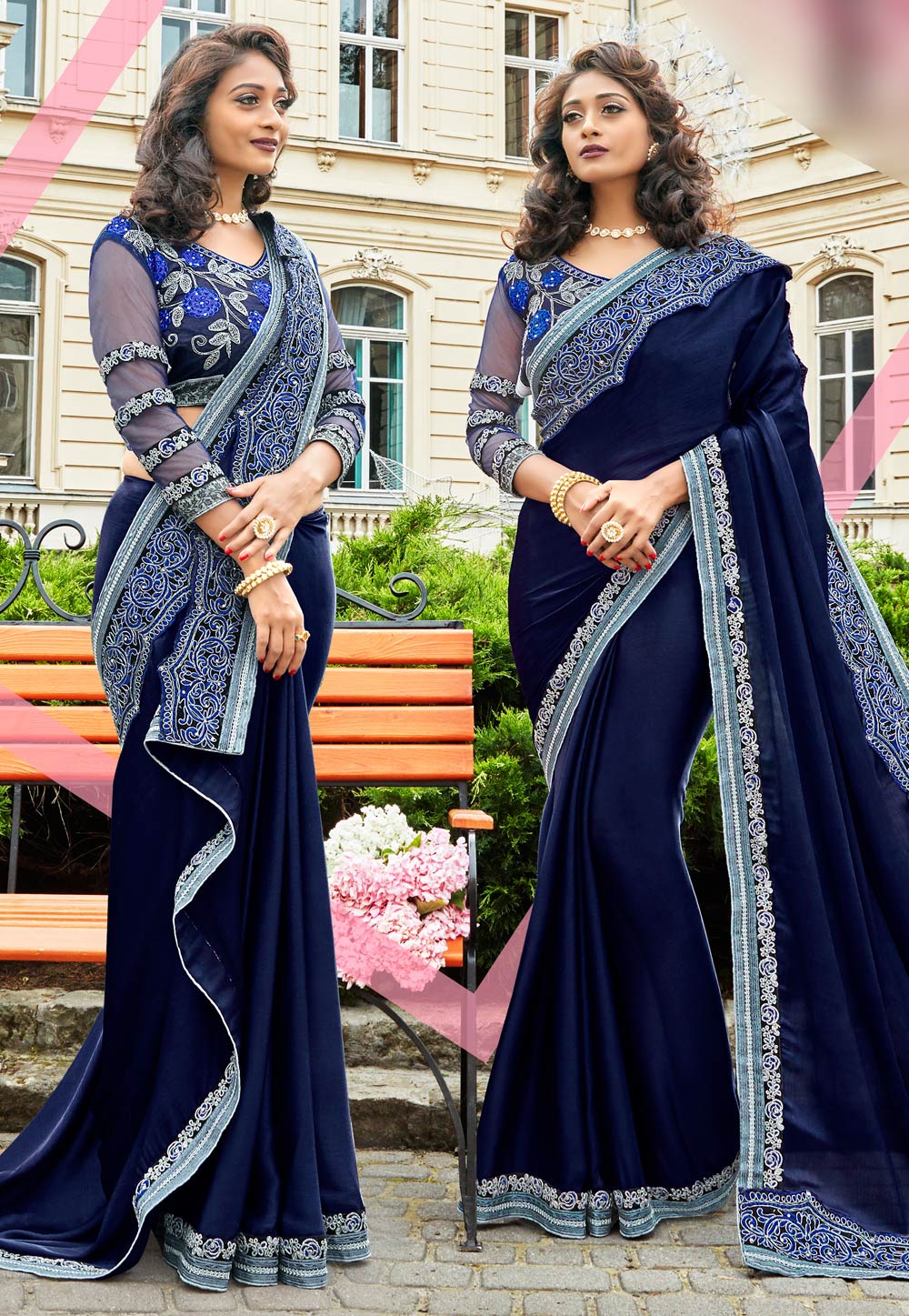 Navy Blue Georgette Saree With Blouse 196136
