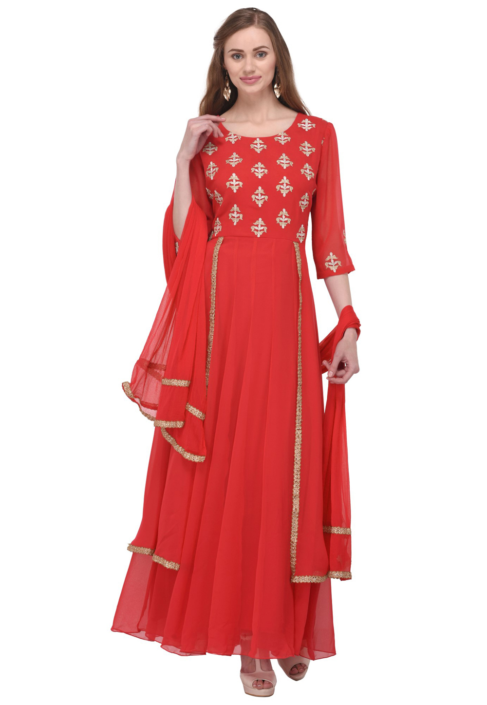 Red Georgette Readymade Long Anarkali Suit 241122