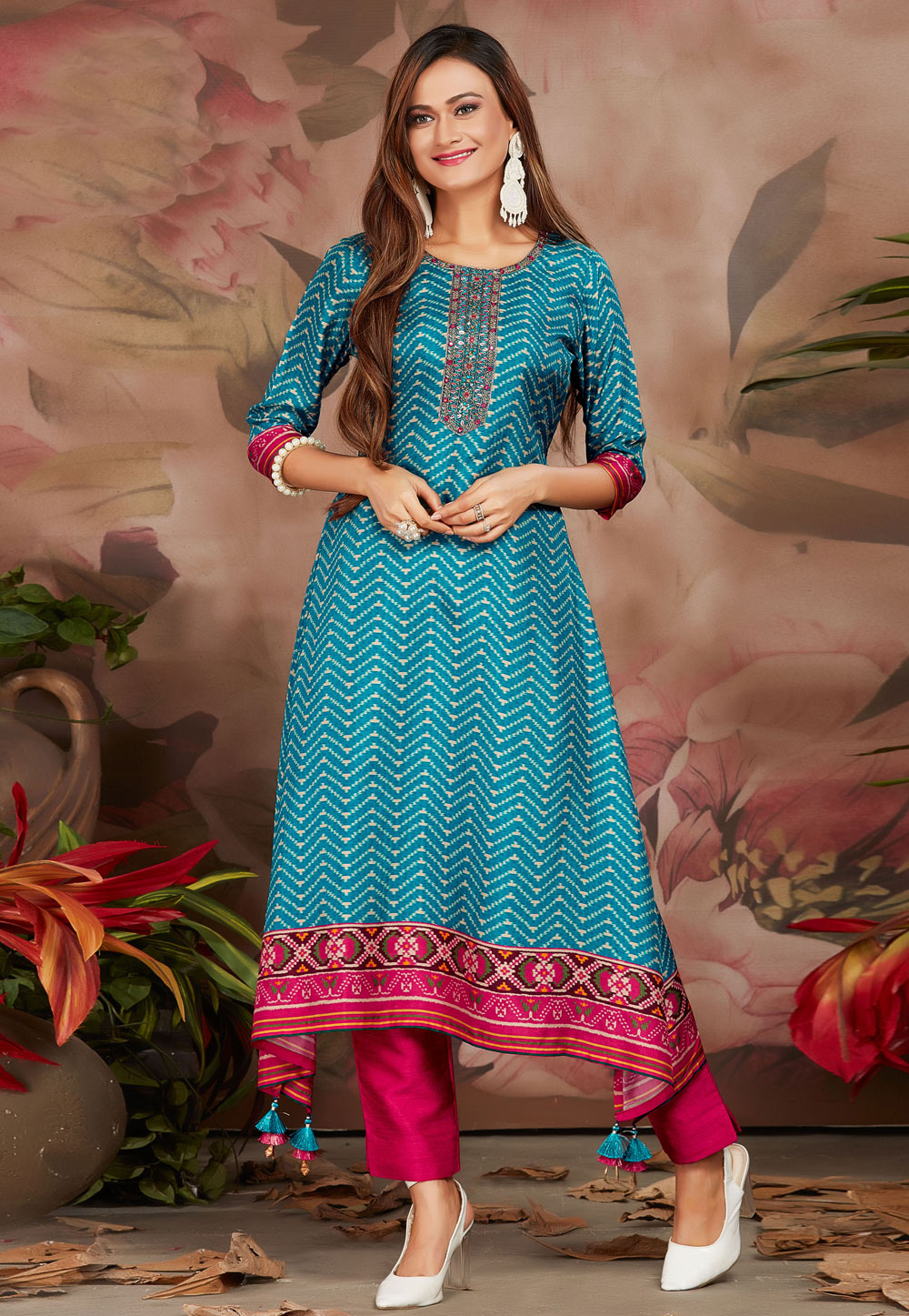 Turquoise Silk Long Kurti 255305