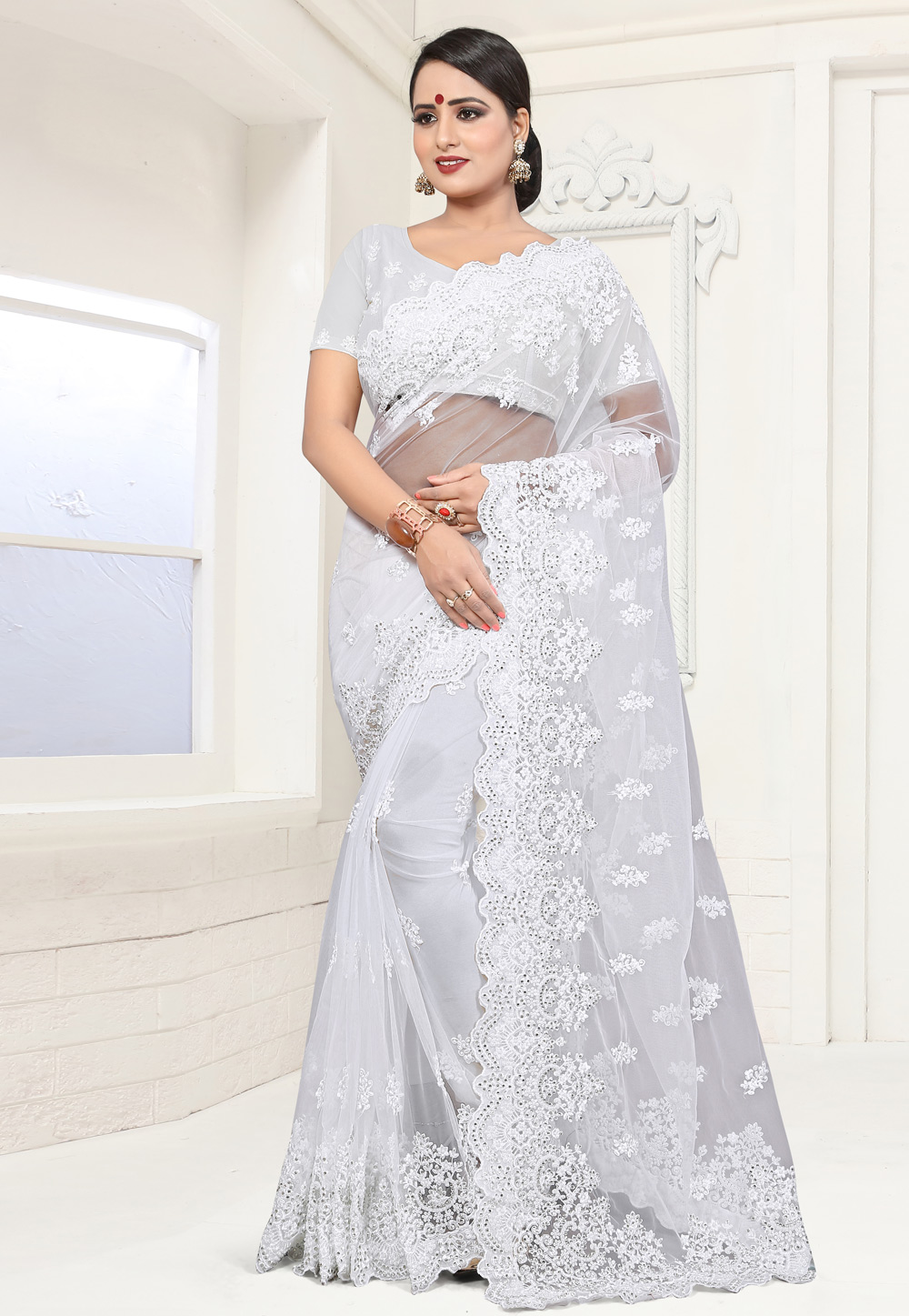 White Net Festival Wear Saree 186026