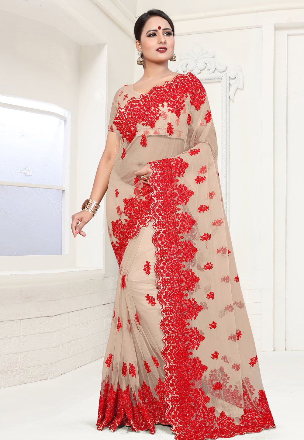 Beige Net Saree With Blouse 186027