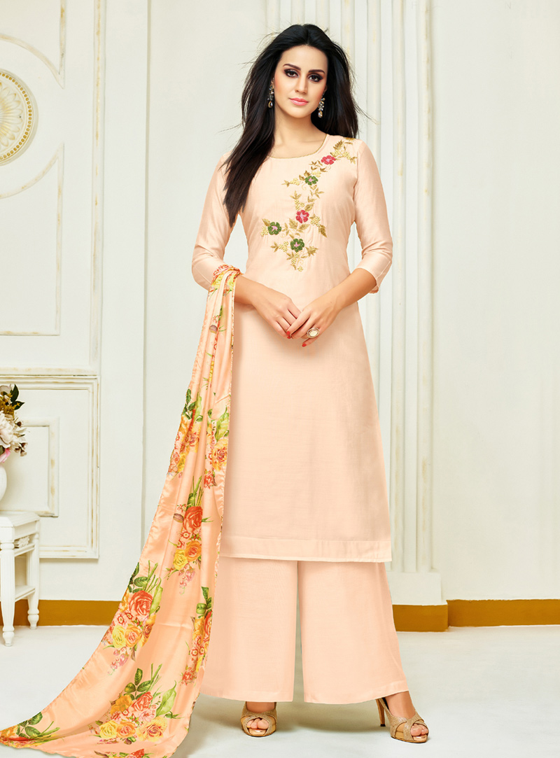 Light Peach Silk Pakistani Style Suit 144673
