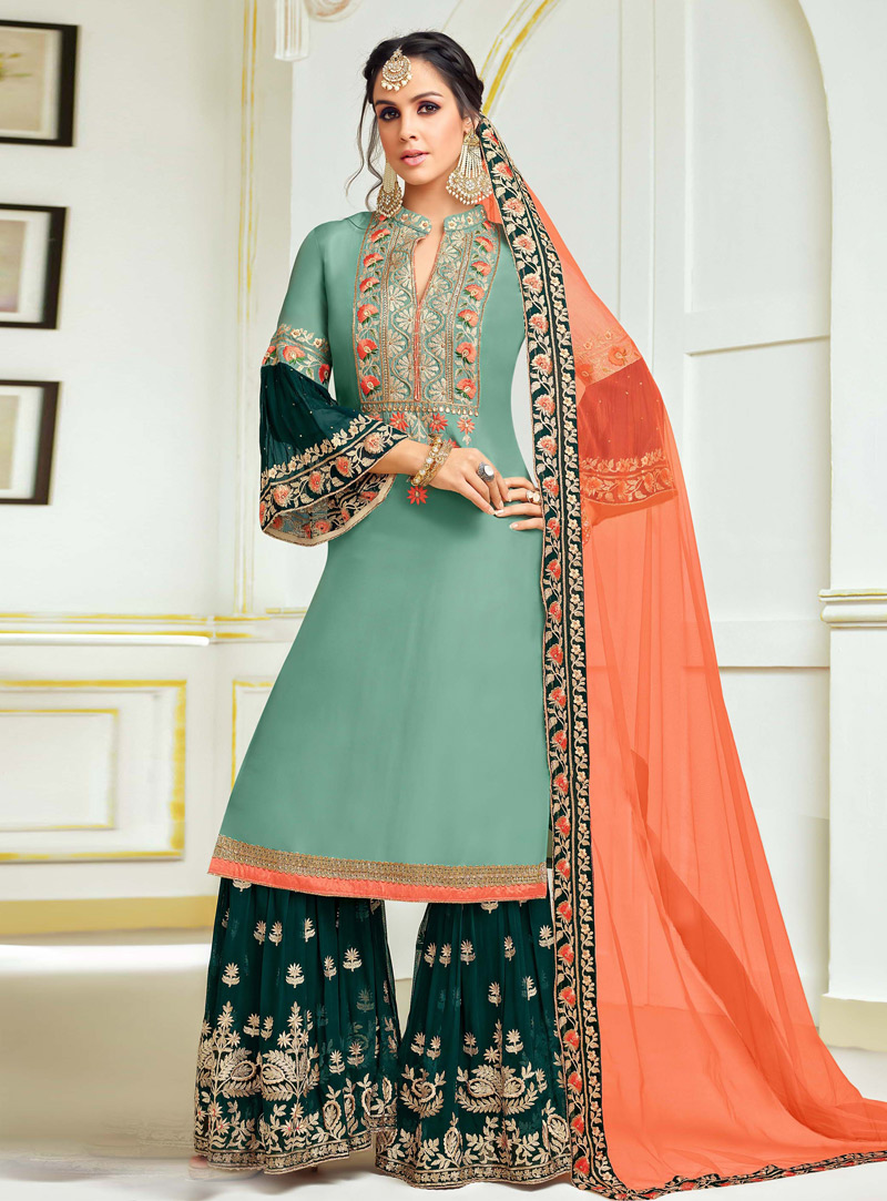 Sea Green Silk Sharara Style Suit 144986