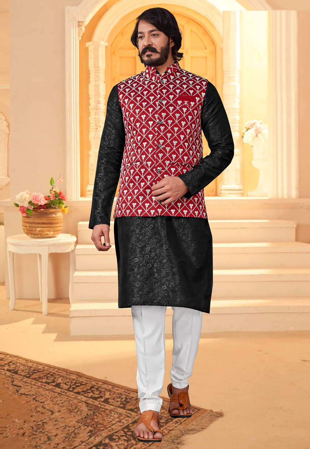Black Art Silk Lakhnavi Kurta Pajama With Jacket 239885