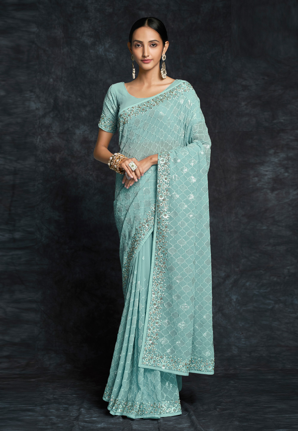 Sky Blue Georgette Sequence Saree 261332