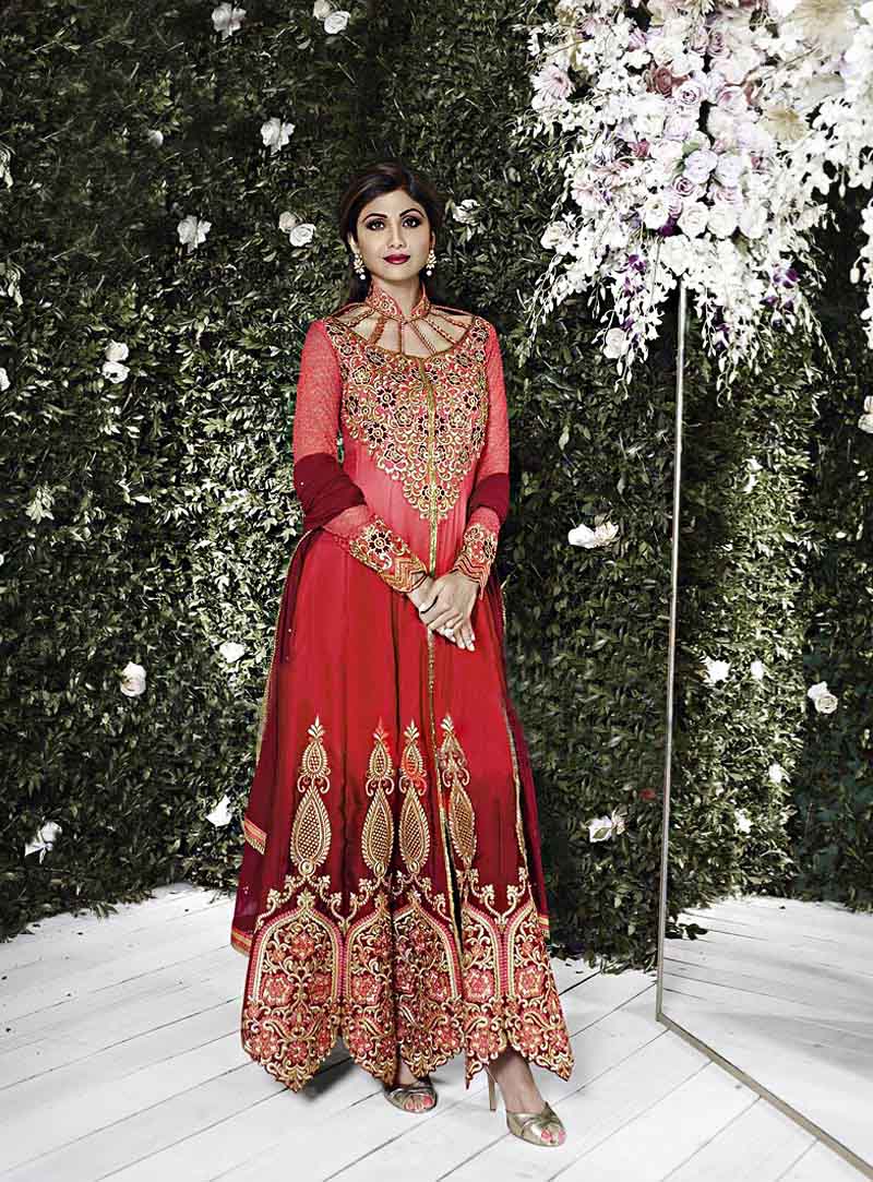 Shilpa Shetty Pink Satin Ankle Length Anarkali Suit 65841