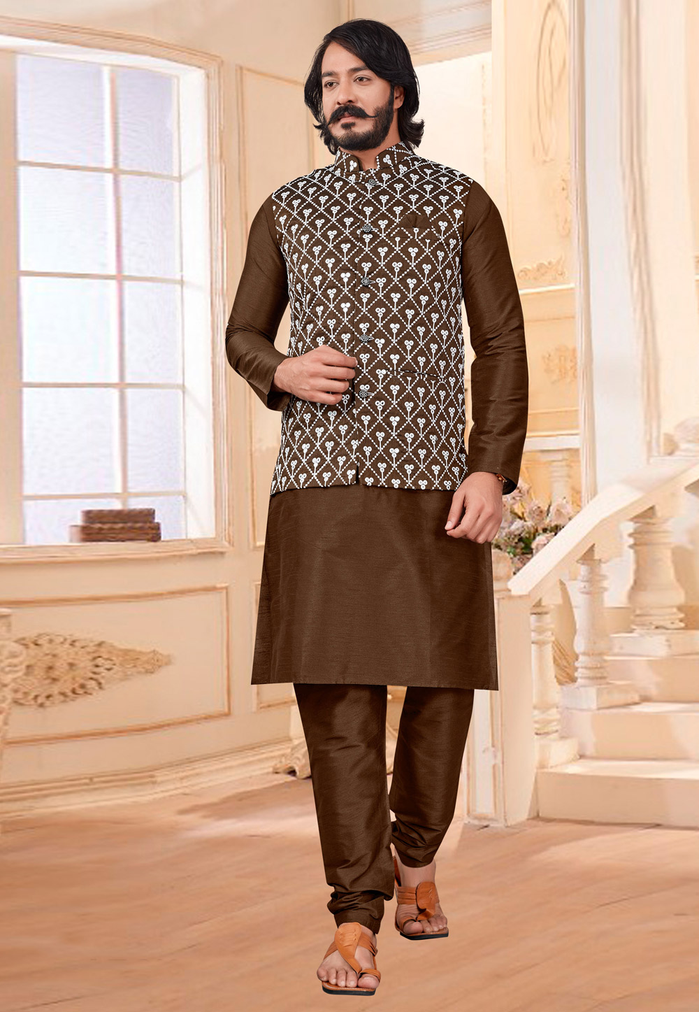 Brown Art Silk Lakhnavi Kurta Pajama With Jacket 239887