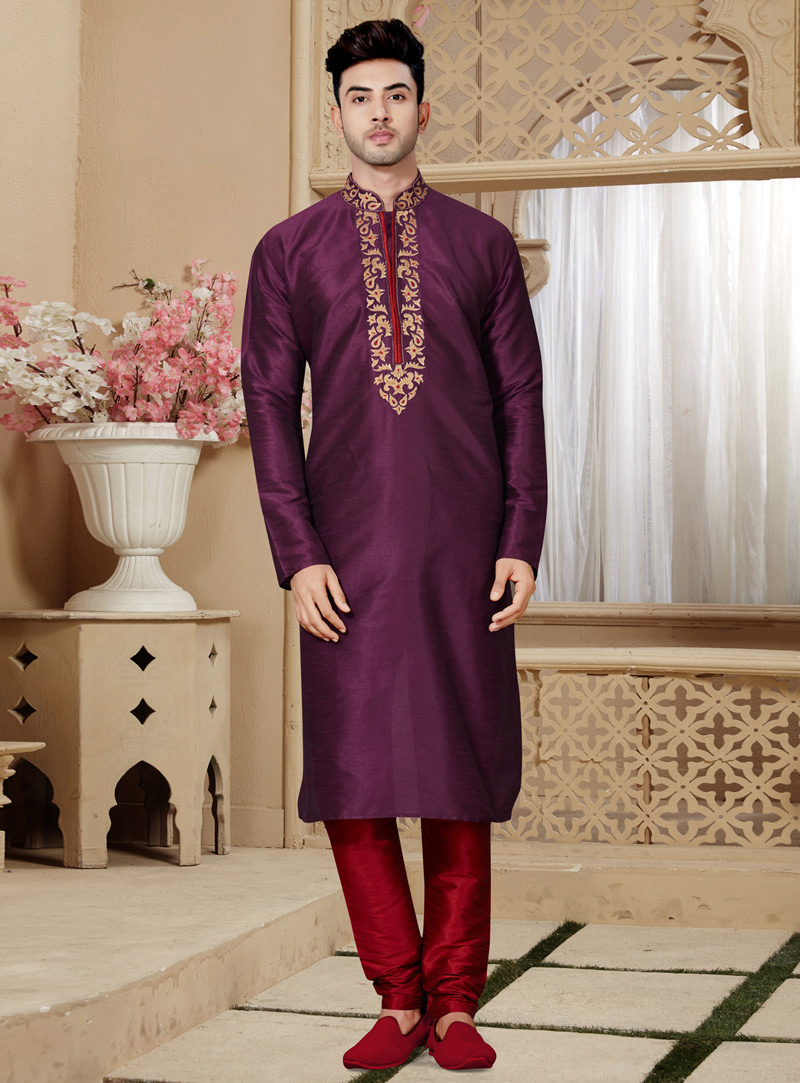 Purple Art Silk Readymade Kurta Pajama 146037