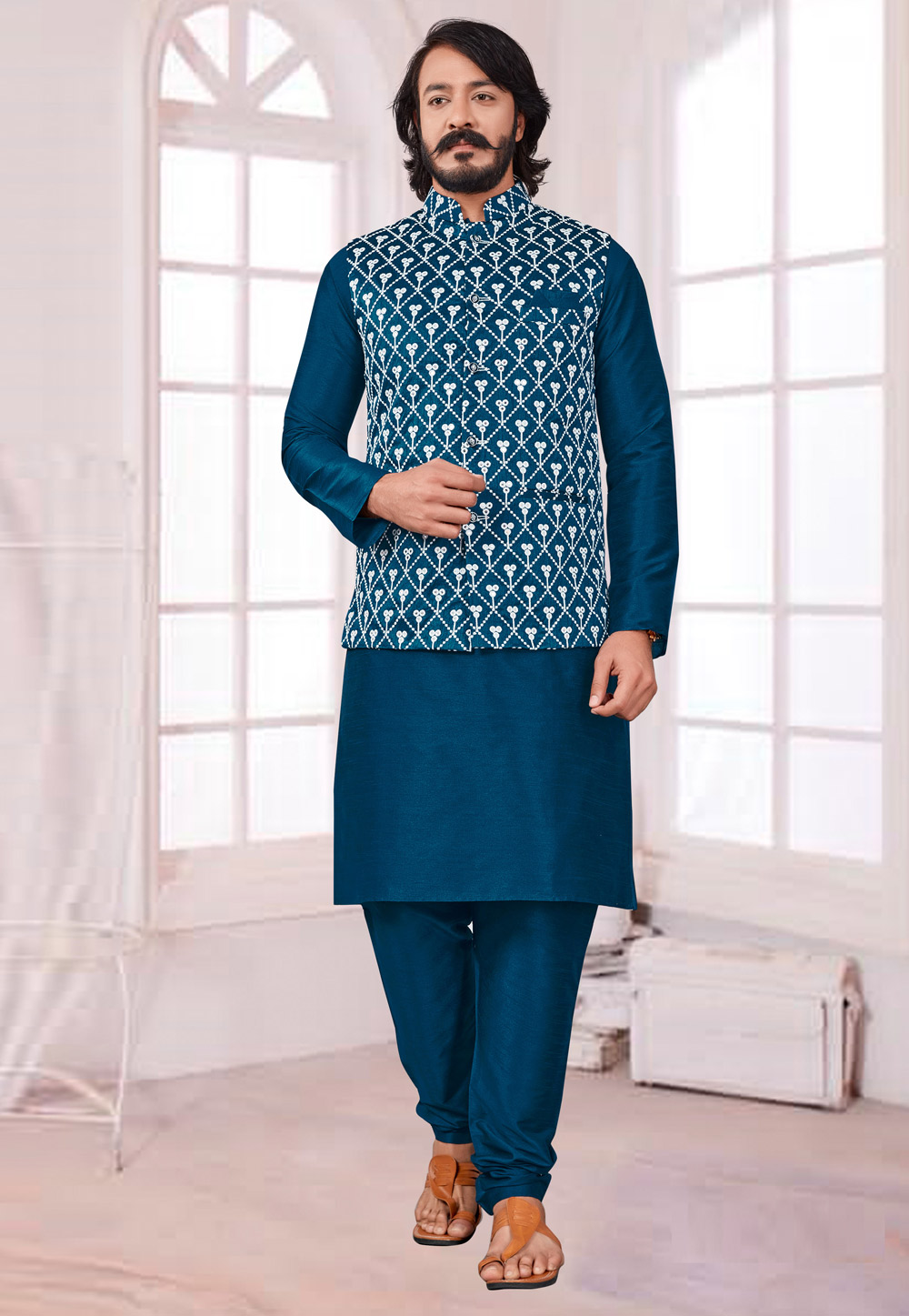 Blue Art Silk Lakhnavi Kurta Pajama With Jacket 239891