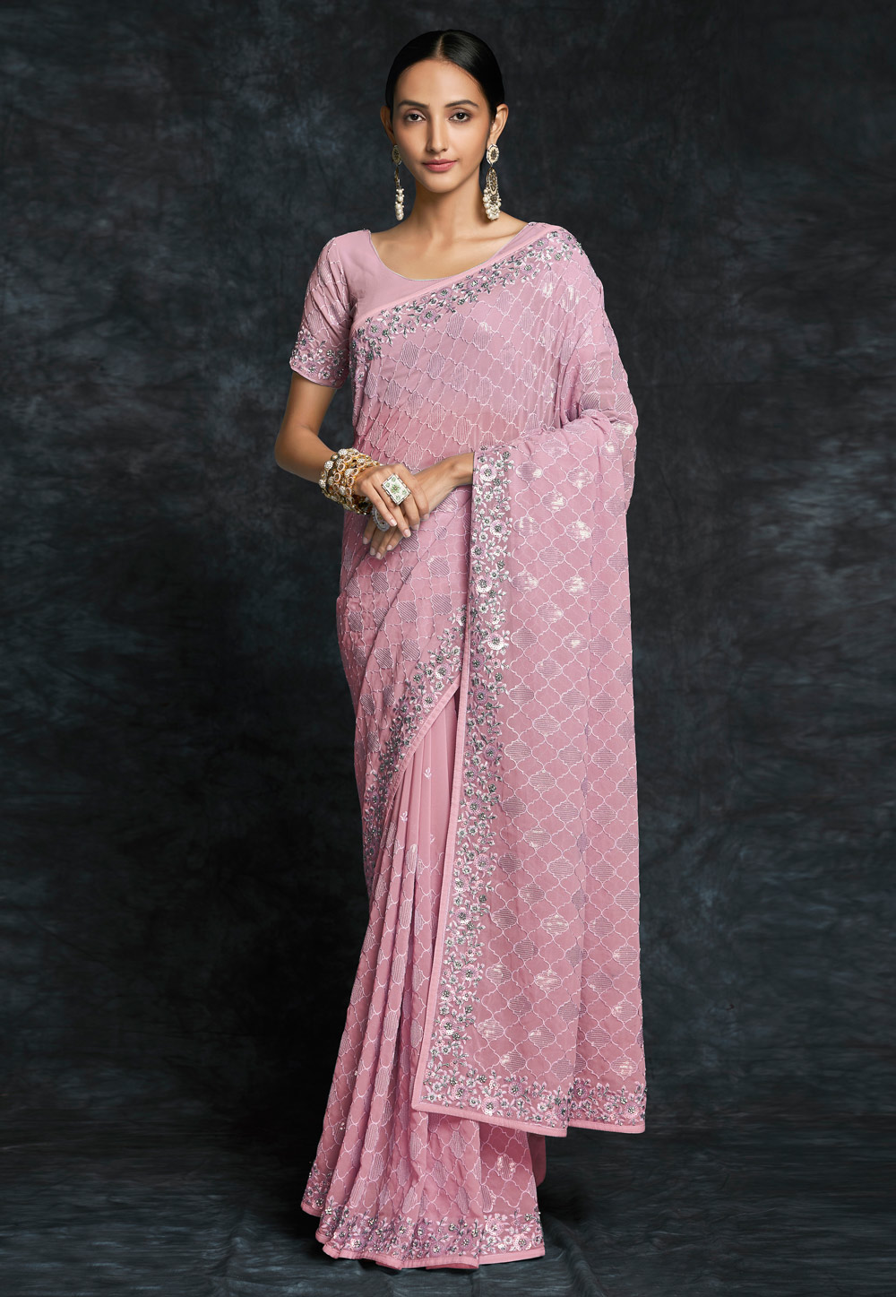 Pink Georgette Sequence Saree 261338