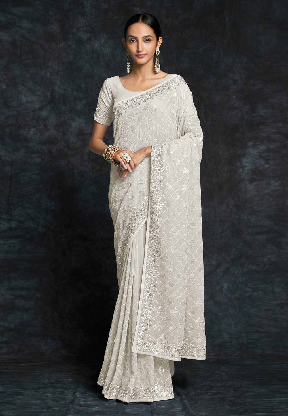 Off White Georgette Sequence Saree 261339