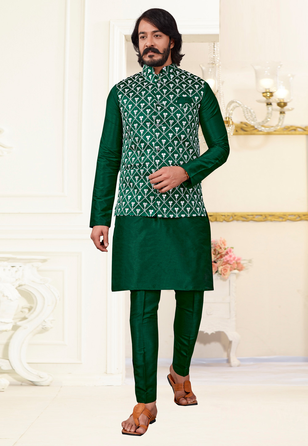 Green Art Silk Kurta Pajama With Jacket 239894