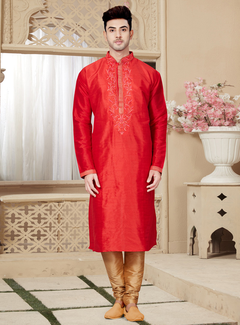 Red Art Silk Readymade Kurta Pajama 146044