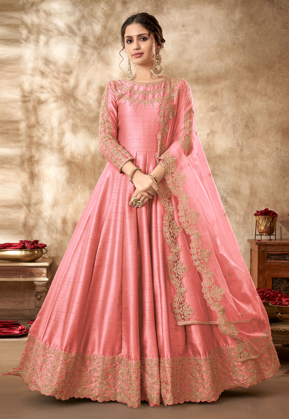 Pink Art Silk Abaya Style Anarkali Suit 250540