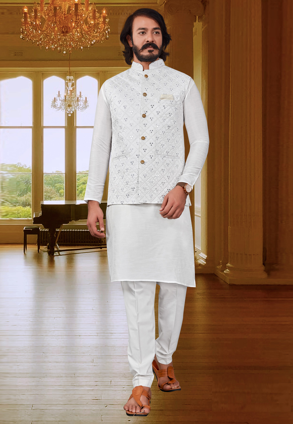 White Art Silk Lakhnavi Kurta Pajama With Jacket 239895