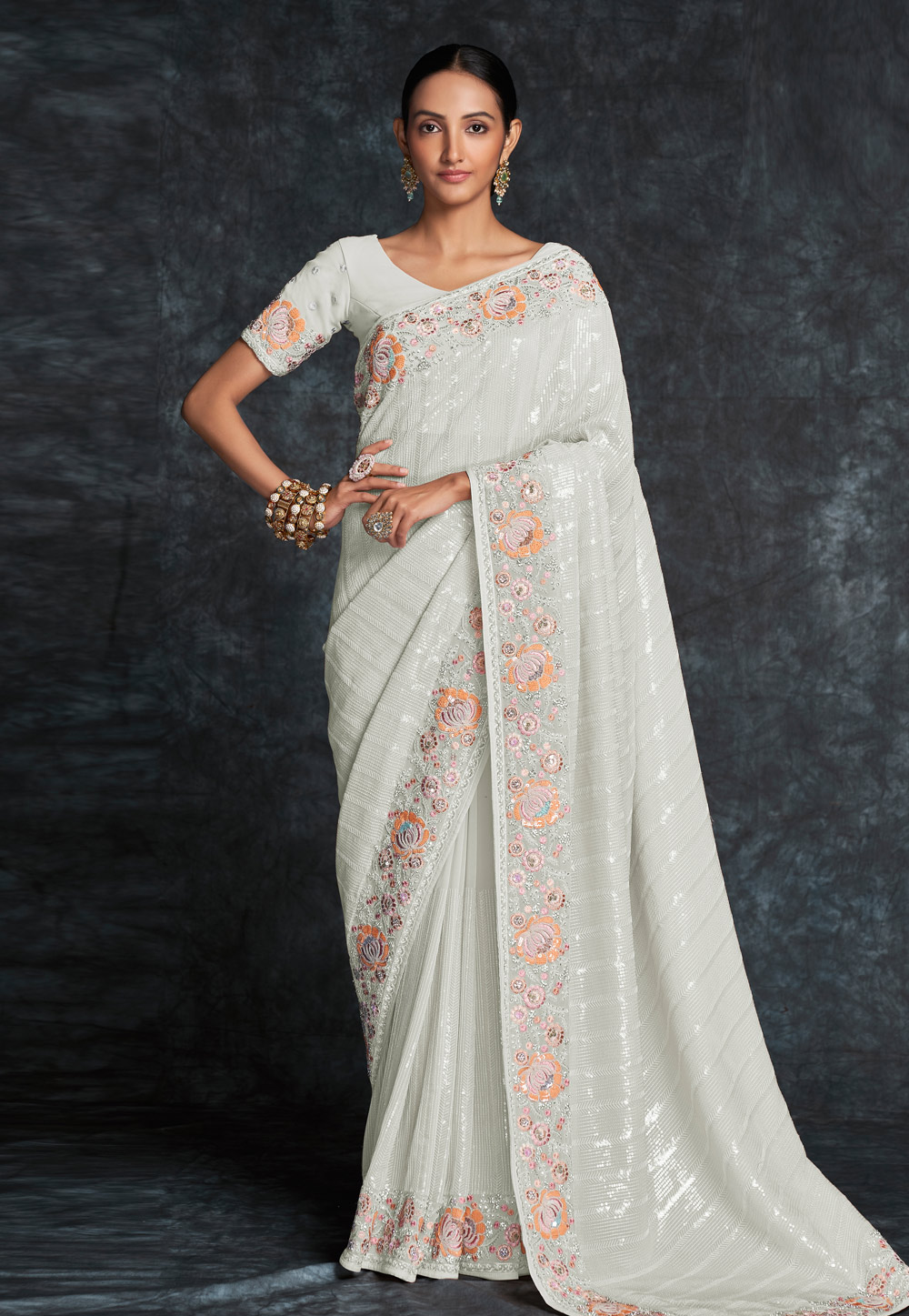 Off White Georgette Sequence Saree 261342